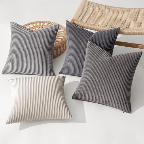 MIULEE Pack of 4 Neutral Grey Gradient Decorative Throw Pillow Covers 18x18 Inch Soft Boho Striped Corduroy Pillow Covers Modern Farmhouse Home Decor for Sofa Living Room Couch Bed - Image 3