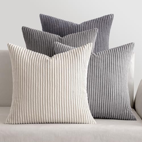 MIULEE Pack of 4 Neutral Grey Gradient Decorative Throw Pillow Covers 18x18 Inch Soft Boho Striped Corduroy Pillow Covers Modern Farmhouse Home Decor for Sofa Living Room Couch Bed - Image 1