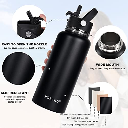 POYAKU Water Bottle Insulated 32oz 40oz 64oz 128oz Straw Lid Spout Lid & 3 Lids, Leak Proof, Vacuum Insulated,Stainless Steel Water Bottle Wide Mouth for Sports, Gym or Office (Magic Black, 40 oz) - Image 4