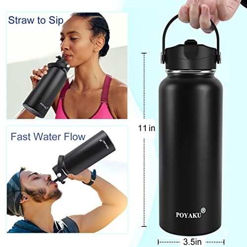 POYAKU Water Bottle Insulated 32oz 40oz 64oz 128oz Straw Lid Spout Lid & 3 Lids, Leak Proof, Vacuum Insulated,Stainless Steel Water Bottle Wide Mouth for Sports, Gym or Office (Magic Black, 40 oz) - Image 2