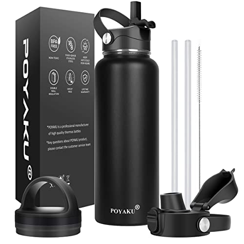 POYAKU Water Bottle Insulated 32oz 40oz 64oz 128oz Straw Lid Spout Lid & 3 Lids, Leak Proof, Vacuum Insulated,Stainless Steel Water Bottle Wide Mouth for Sports, Gym or Office (Magic Black, 40 oz) - Image 1