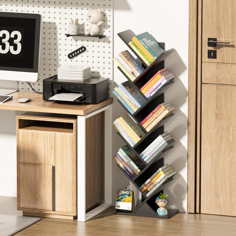 SHEEPAM 10 Tier Tree Book Shelf, Floor Standing Wood Bookshelf for Narrow Space, Storage Organizer Bookshelves for Books/CDs/Magazine, Bookcase with Shelves for Home Office, Living Room - Black - Image 2