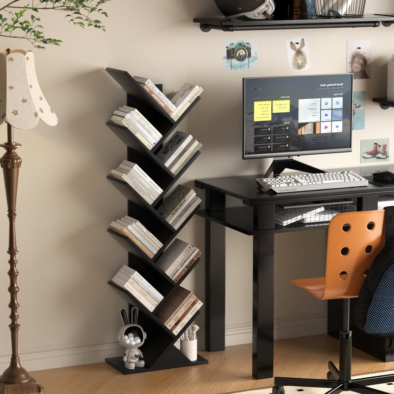 SHEEPAM 10 Tier Tree Book Shelf, Floor Standing Wood Bookshelf for Narrow Space, Storage Organizer Bookshelves for Books/CDs/Magazine, Bookcase with Shelves for Home Office, Living Room - Black - Image 5