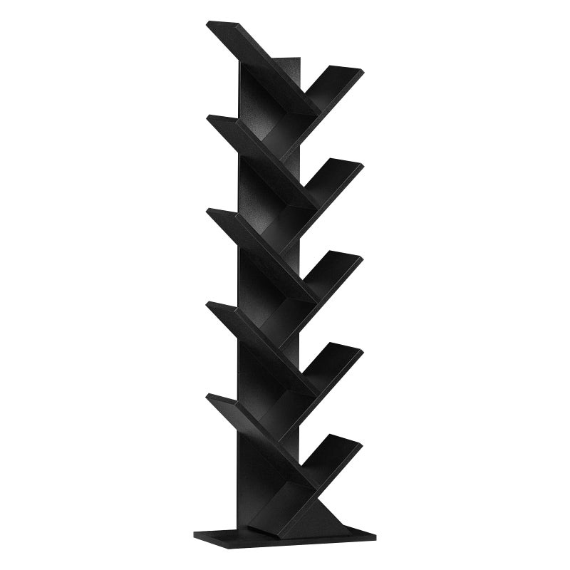 SHEEPAM 10 Tier Tree Book Shelf, Floor Standing Wood Bookshelf for Narrow Space, Storage Organizer Bookshelves for Books/CDs/Magazine, Bookcase with Shelves for Home Office, Living Room - Black - Image 1