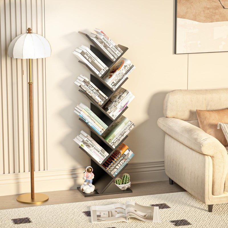 SHEEPAM 10 Tier Tree Book Shelf, Floor Standing Wood Bookshelf for Narrow Space, Storage Organizer Bookshelves for Books/CDs/Magazine, Bookcase with Shelves for Home Office, Living Room - Black - Image 4