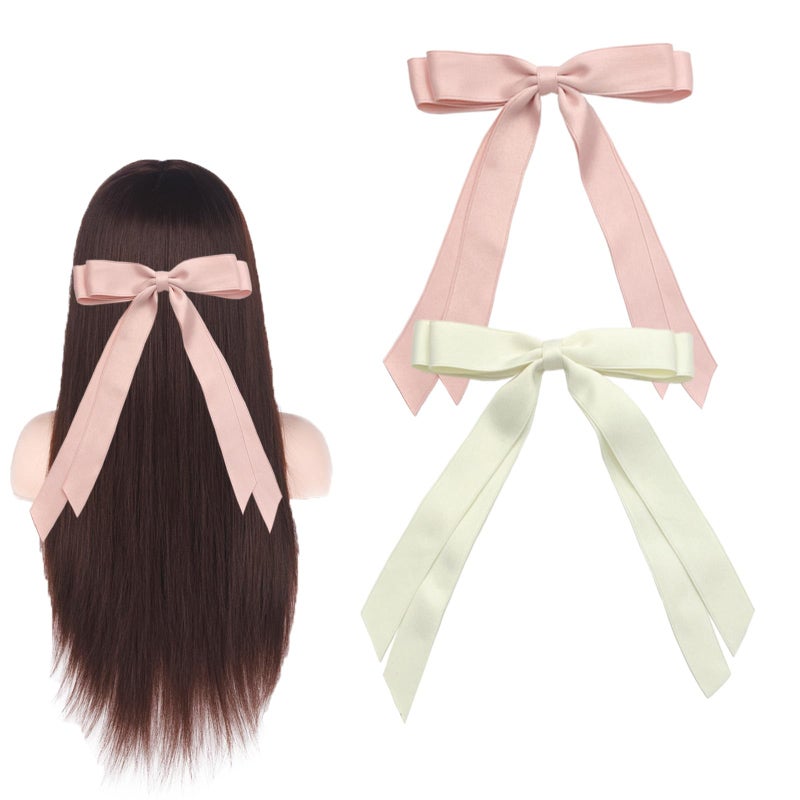 SALOCY Hair Bows Clip 2 PCS Satin Hair Ribbons for Women with Long Tassel Big Ribbon Bows for Hair Design PinkBeige
