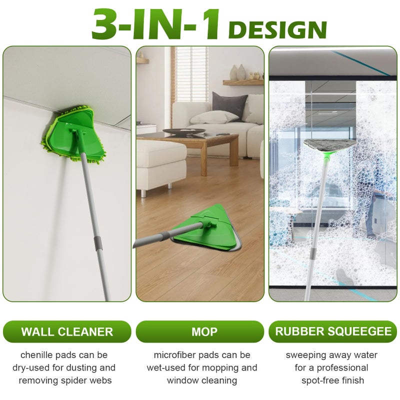 RONSUNG Wall Cleaner Triangle Mop with 82'' Long Handle - Wall Scrubber, Cleaning Washer Tool with 4 Microfiber Chenille Duster Pads for Clean Walls, Ceiling, Windows, Baseboards, Floors (Green) - Image 2