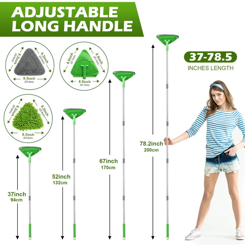 RONSUNG Wall Cleaner Triangle Mop with 82'' Long Handle - Wall Scrubber, Cleaning Washer Tool with 4 Microfiber Chenille Duster Pads for Clean Walls, Ceiling, Windows, Baseboards, Floors (Green) - Image 5