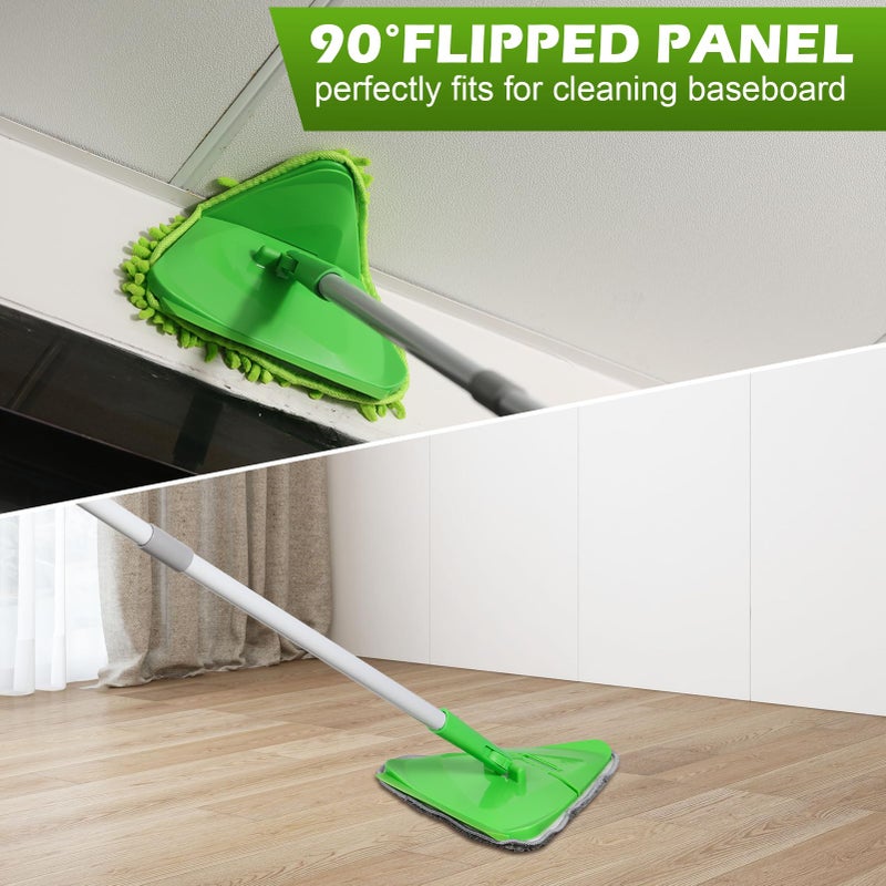 RONSUNG Wall Cleaner Triangle Mop with 82'' Long Handle - Wall Scrubber, Cleaning Washer Tool with 4 Microfiber Chenille Duster Pads for Clean Walls, Ceiling, Windows, Baseboards, Floors (Green) - Image 4