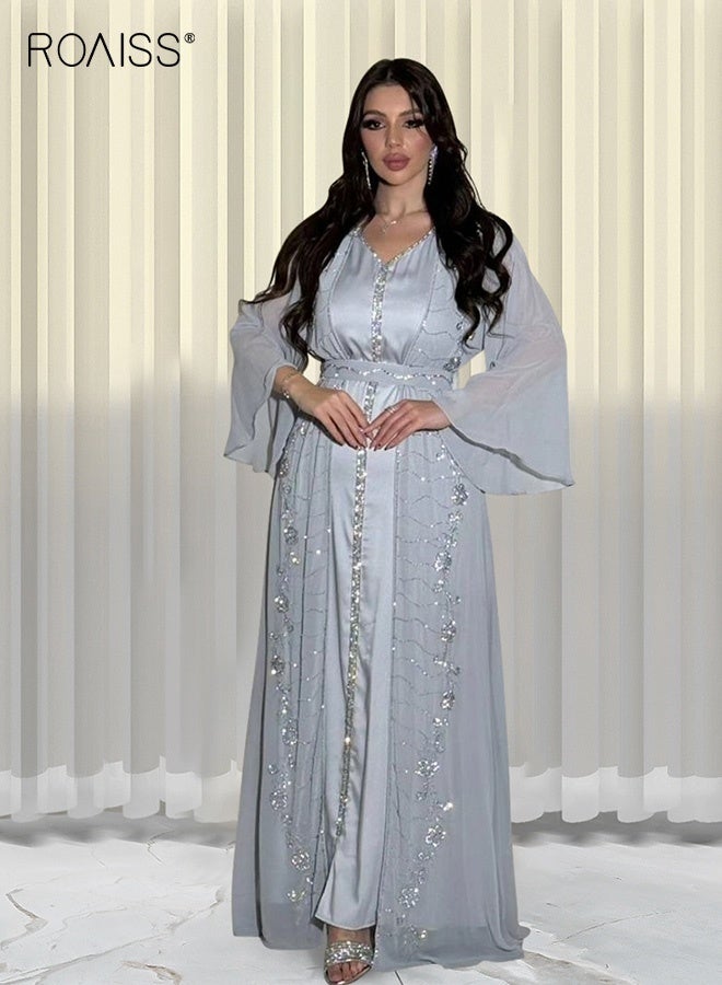 رويس ملابس إسلامية نسائية رائعة، سترة سفر للفصول الأربعة + رداء إسلامي من الشيفون الماسي، فستان أنيق بأكمام طويلة باللون الرمادي  - Image 1