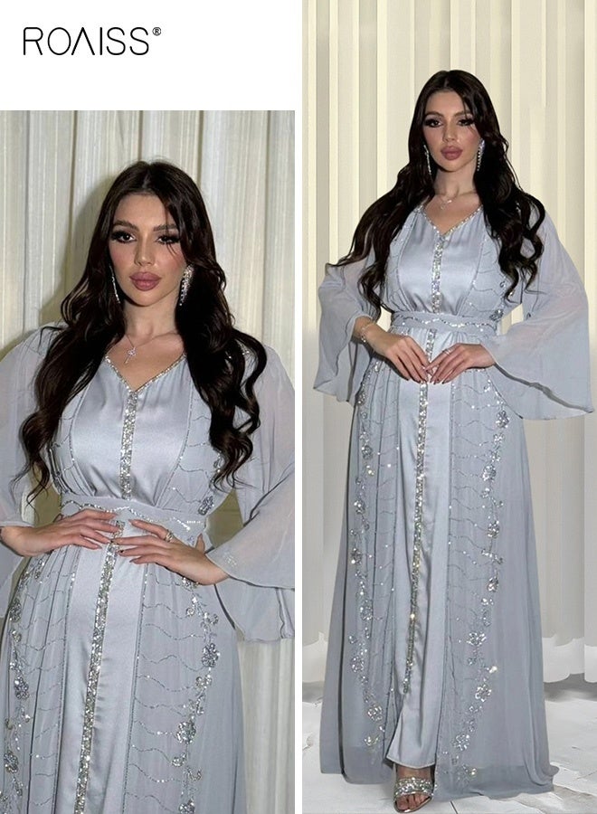 رويس ملابس إسلامية نسائية رائعة، سترة سفر للفصول الأربعة + رداء إسلامي من الشيفون الماسي، فستان أنيق بأكمام طويلة باللون الرمادي  - Image 3