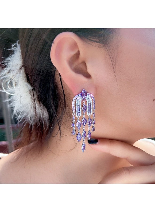 Elegant French Style Tassel Drop Earrings – S925 Silver Needle, Luxury Zircon Arch Design  - Image 2