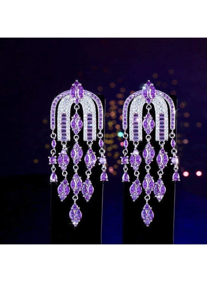 Elegant French Style Tassel Drop Earrings – S925 Silver Needle, Luxury Zircon Arch Design  - Image 1