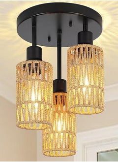 Rattan Ceiling Lamp Hanging, Boho Ceiling Lamp with Rattan Lampshade, Vintage Ceiling Lamp , Modern Ceiling Lamp Living Room, Basket Lamp for Bedroom, Kitchen, Hallway