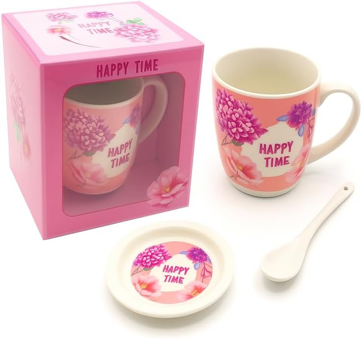 Fitto Ceramic Mug with Spoon and Lid, Pink Outer, White Interior, Happy Time Floral Design - Image 1