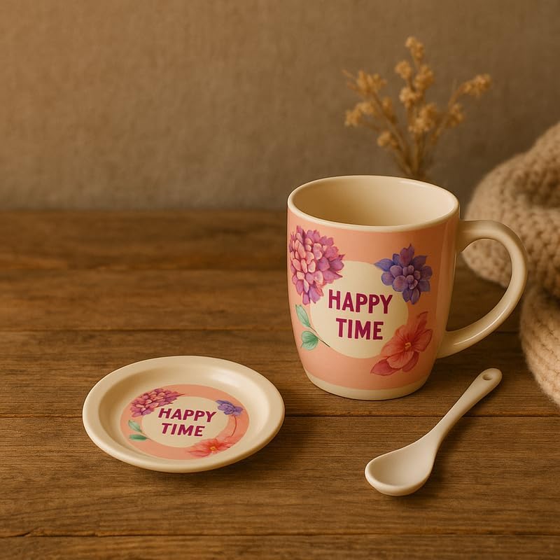 Fitto Ceramic Mug with Spoon and Lid, Pink Outer, White Interior, Happy Time Floral Design - Image 2