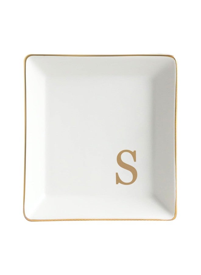 Fmeida Ceramic Jewelry Tray Monogram Ring Dish Decorative Trinket Dish for Her Personalized Birthday Wedding Valentine's Mother's Day Christmas Gift for Women, 4" x 4" Initial S - Image 1