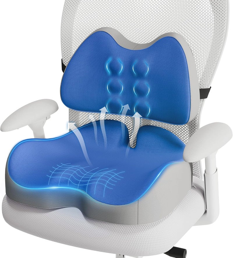 Benazcap X Large Memory Foam Seat Cushion Lumbar Support Pillow for Sciatica & Tailbone Pressure Relief Coccyx Pad for Office Chair, Wheelchair, Car, Home, Office, Blue - Image 1