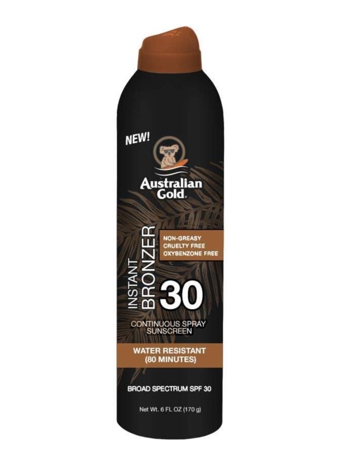 أوسترليان جولد كريم حماية من الشمس بخاخ مستمر من الذهب الأسترالي مع برونزر فوري بعامل حماية من الشمس SPF 30، توهج فوري ويجف سريعًا، مقاوم للماء غير دهني، خالٍ من الأوكسيبنزون، لم يتم الإساءة إلى الحيوانات لتصنيعه، برونزر جديد، برتقالي، 6 أونصة