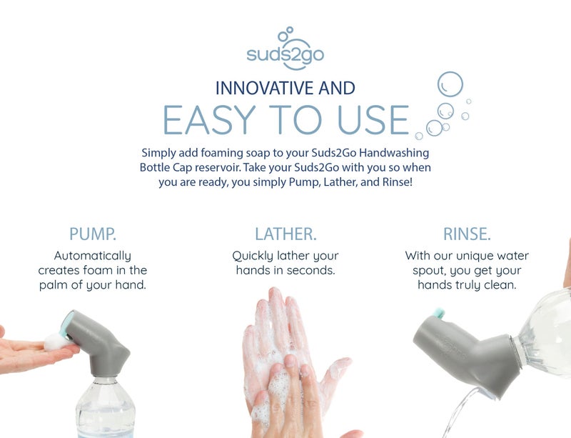 Suds2Go Refillable Caps, 2 Pack - Universal Fit Turns Most Disposable Water Bottles Into A Hand Washing Station - Includes Refillable Soap Reservoir - Conveniently Sized to Take on The Go - Grey - Image 4