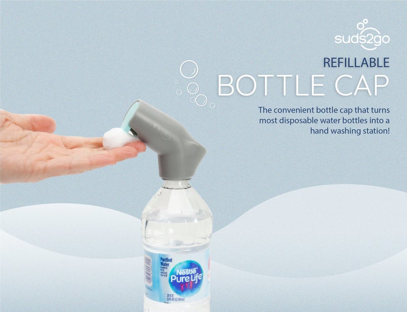 Suds2Go Refillable Caps, 2 Pack - Universal Fit Turns Most Disposable Water Bottles Into A Hand Washing Station - Includes Refillable Soap Reservoir - Conveniently Sized to Take on The Go - Grey - Image 2
