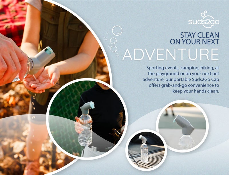 Suds2Go Refillable Caps, 2 Pack - Universal Fit Turns Most Disposable Water Bottles Into A Hand Washing Station - Includes Refillable Soap Reservoir - Conveniently Sized to Take on The Go - Grey - Image 5