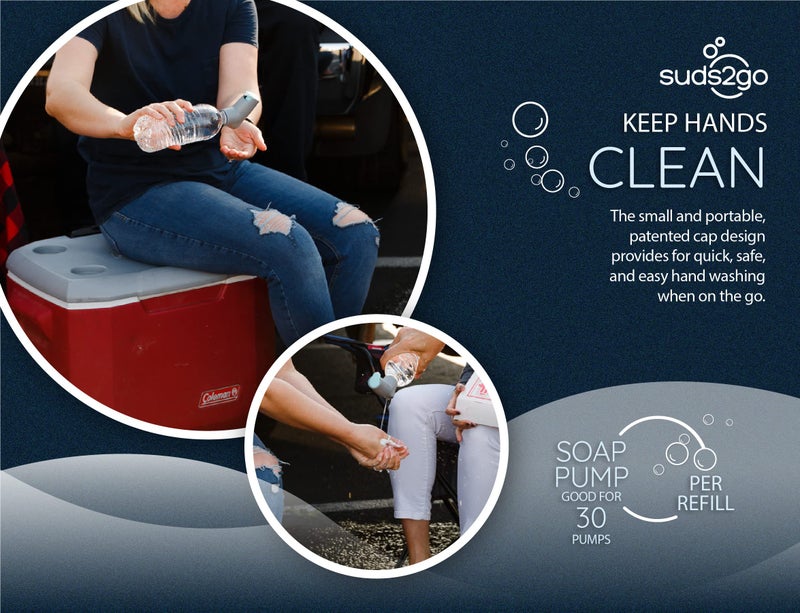 Suds2Go Refillable Caps, 2 Pack - Universal Fit Turns Most Disposable Water Bottles Into A Hand Washing Station - Includes Refillable Soap Reservoir - Conveniently Sized to Take on The Go - Grey - Image 3