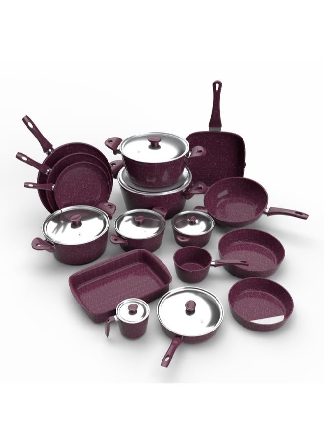 top chef granite Set of 19 (pot 18-20-24-28-30 - frying pan 20-24-30 - Oblong Tray 30 - oven tray 26 - grill 28 - milkpot 16 - wook 28) burgandy - Image 3