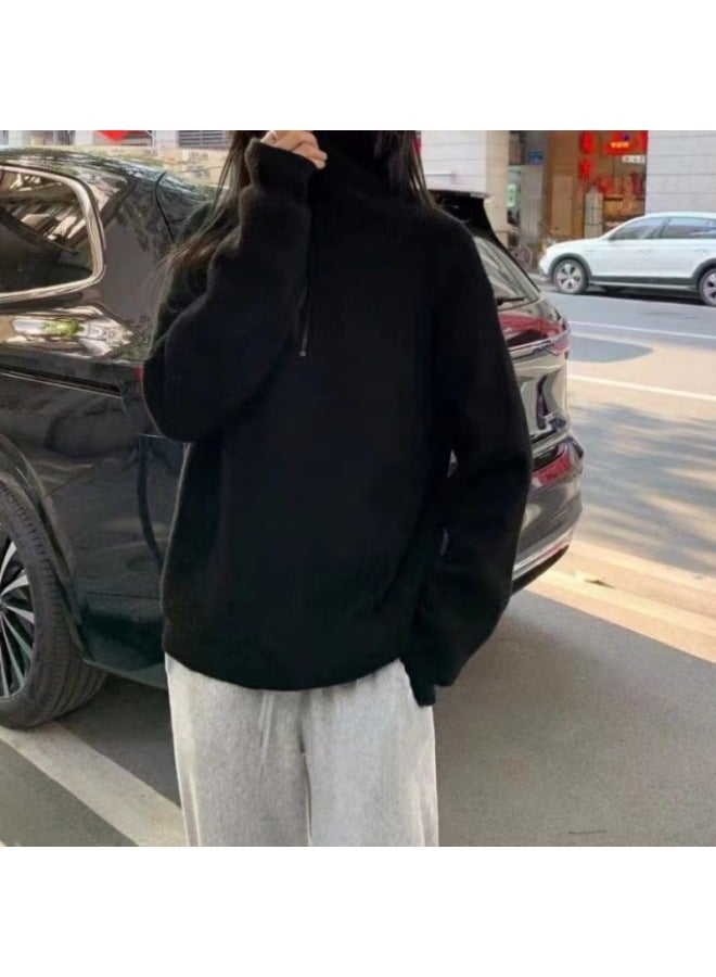 Leyuan Autumn Winter New High-end Half-zip Stand-up Collar Ribbed Loose Sweater Coat Women Long Sleeve Knit Top - Image 1