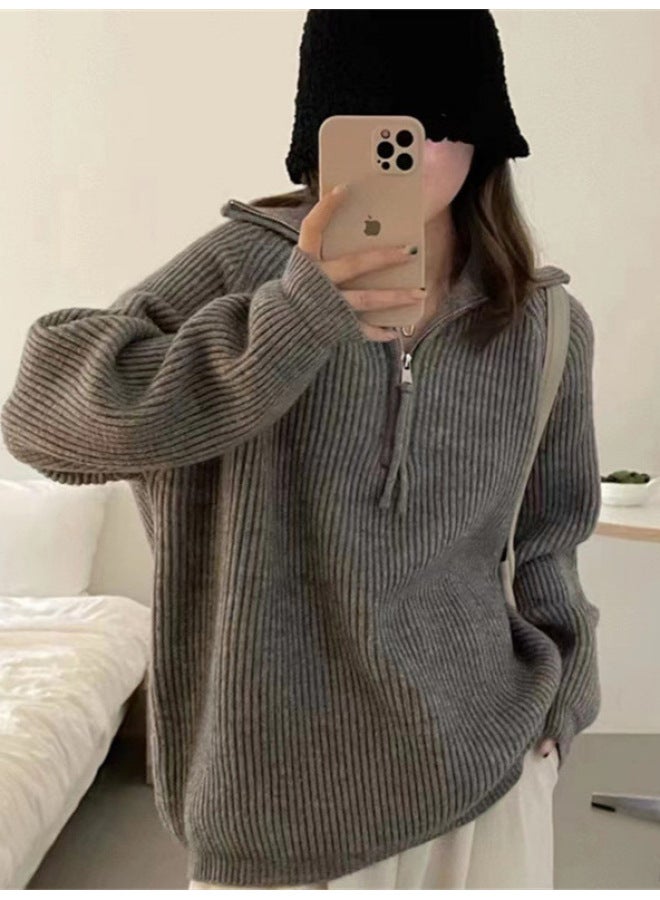 Leyuan Autumn Winter New High-end Half-zip Stand-up Collar Ribbed Loose Sweater Coat Women Long Sleeve Knit Top - Image 2