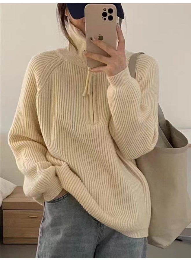 Leyuan Autumn Winter New High-end Half-zip Stand-up Collar Ribbed Loose Sweater Coat Women Long Sleeve Knit Top - Image 4
