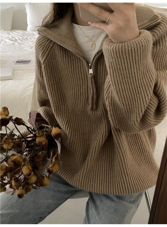 Leyuan Autumn Winter New High-end Half-zip Stand-up Collar Ribbed Loose Sweater Coat Women Long Sleeve Knit Top - Image 3
