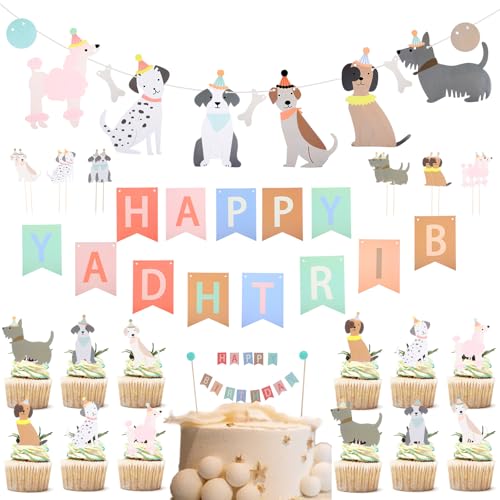 LLOUSSAK Dog Themed Banner Happy Birthday Banner Dog Birthday Decorations 12 Pcs Dog Cupcake Toppers Puppy Party Decorations for Dog Lover Birthday Puppy Decorations - Image 1