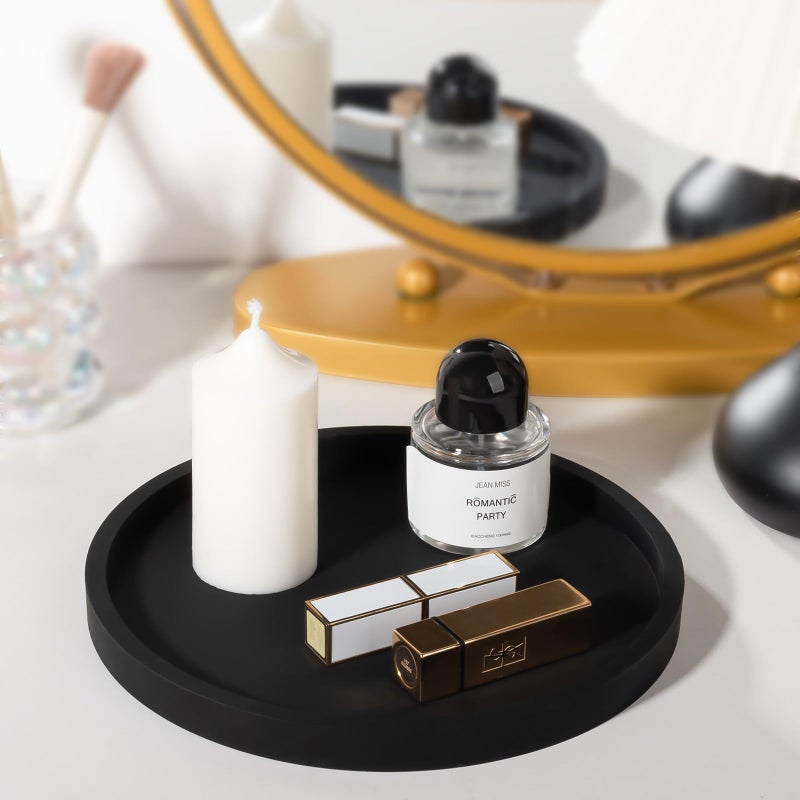 Heagoale Silicone Bathroom Tray Round Vanity Tray Decorative Soap Holder Kitchen Countertop Organizer Coffee Table Decor for Candle, Perfume, Plant, 9 Inch, Black - Image 3