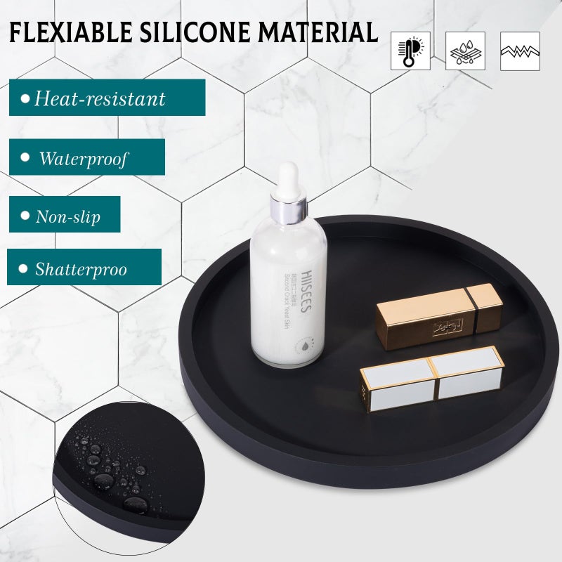 Heagoale Silicone Bathroom Tray Round Vanity Tray Decorative Soap Holder Kitchen Countertop Organizer Coffee Table Decor for Candle, Perfume, Plant, 9 Inch, Black - Image 4