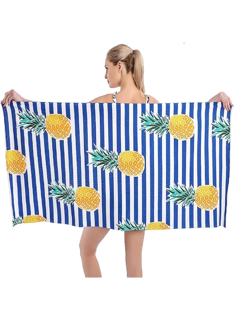 Large Microfiber Beach Towel, 70x150 cm Quick Dry Sand Free Beach Blanket, Blue and White Stripes with Pineapple Pattern, Lightweight Travel Towel for Beach, Picnic, Camping, Home Use - Image 1