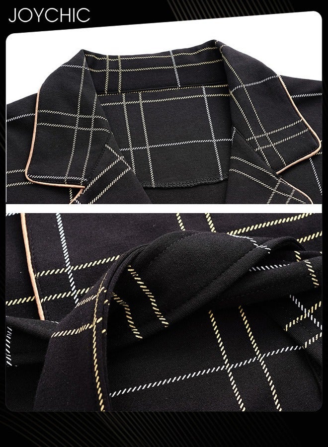 NIBEMINENT 3-piece Classic Solid Pattern Pajamas for Men Autumn and Winter Casual Pure Cotton Long-sleeved Pullover Sleepwear+Sleep Robe+Trouser Suit Windproof Warm Youth Bedroom Loungewear Black - Image 3