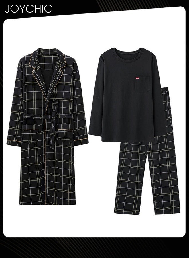 NIBEMINENT 3-piece Classic Solid Pattern Pajamas for Men Autumn and Winter Casual Pure Cotton Long-sleeved Pullover Sleepwear+Sleep Robe+Trouser Suit Windproof Warm Youth Bedroom Loungewear Black - Image 1