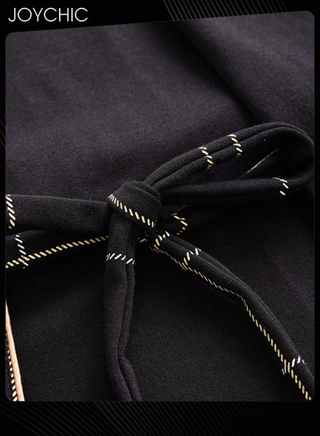NIBEMINENT 3-piece Classic Solid Pattern Pajamas for Men Autumn and Winter Casual Pure Cotton Long-sleeved Pullover Sleepwear+Sleep Robe+Trouser Suit Windproof Warm Youth Bedroom Loungewear Black - Image 4