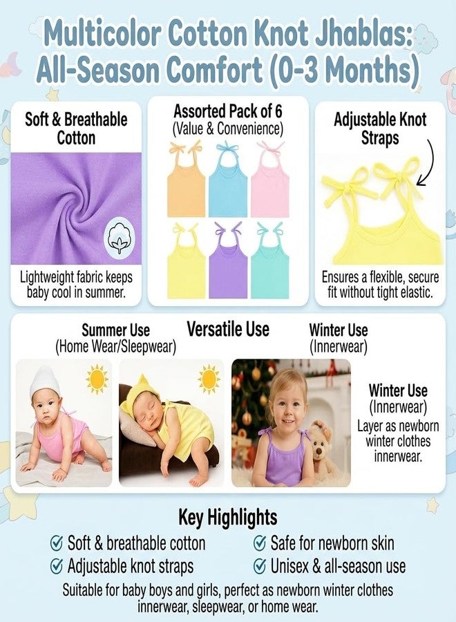 Velbk Newborn Baby Cotton Knot Jhabla 0-3 Months | Soft Infant Tie-Up Jhabla for Just Born Baby | Breathable Muslin Jablas | Multicolor Assorted Pack of 6 - Image 5