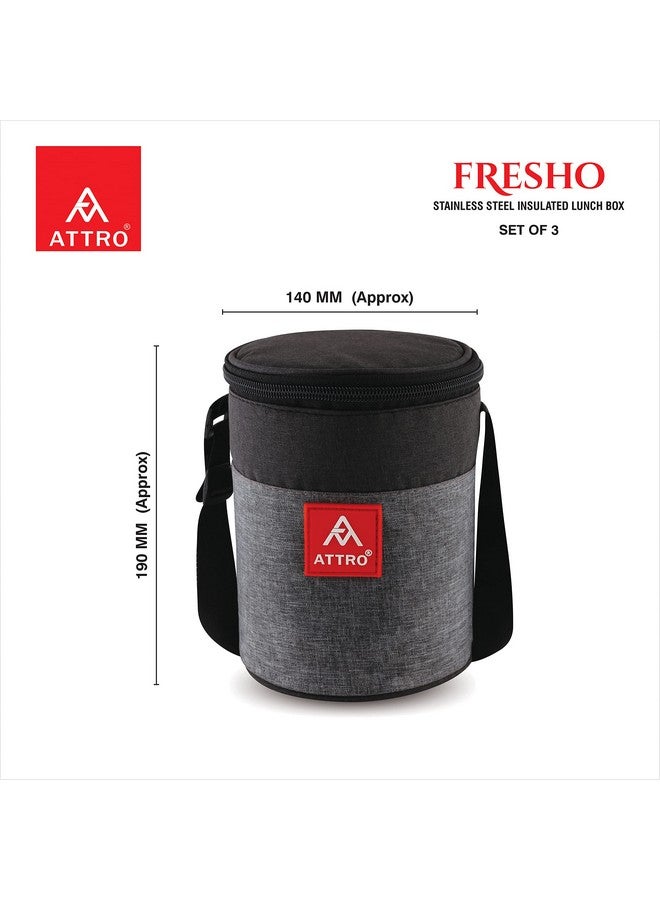Attro Fresho Stainless Steel Double Wall Lunch Box, Airtight & Leak Proof - 3 Containers with Bag, Fork & Spoon for Office Use, School, Picnic 800 ml - Grey - Image 2