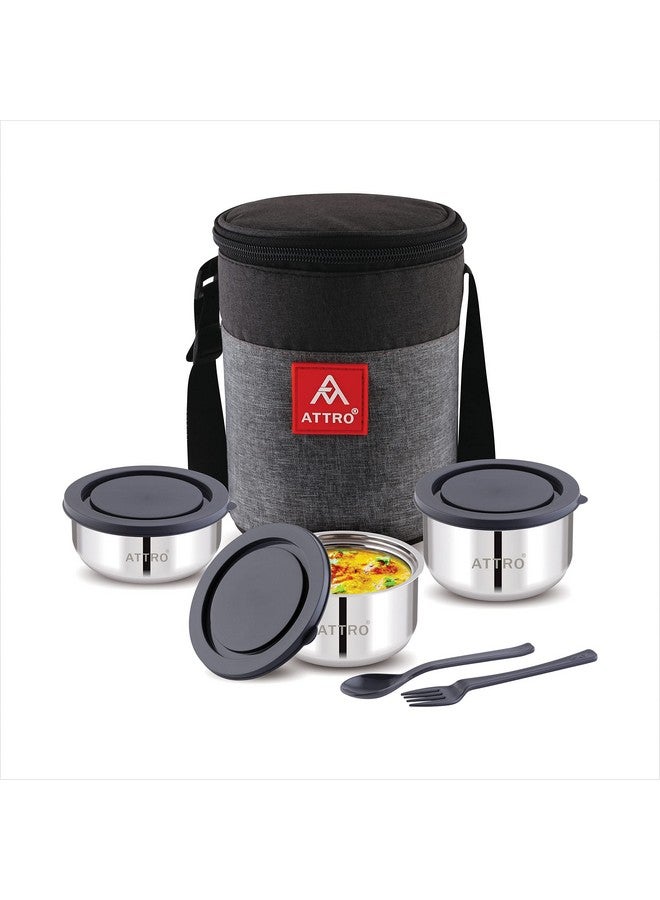 Attro Fresho Stainless Steel Double Wall Lunch Box, Airtight & Leak Proof - 3 Containers with Bag, Fork & Spoon for Office Use, School, Picnic 800 ml - Grey - Image 1