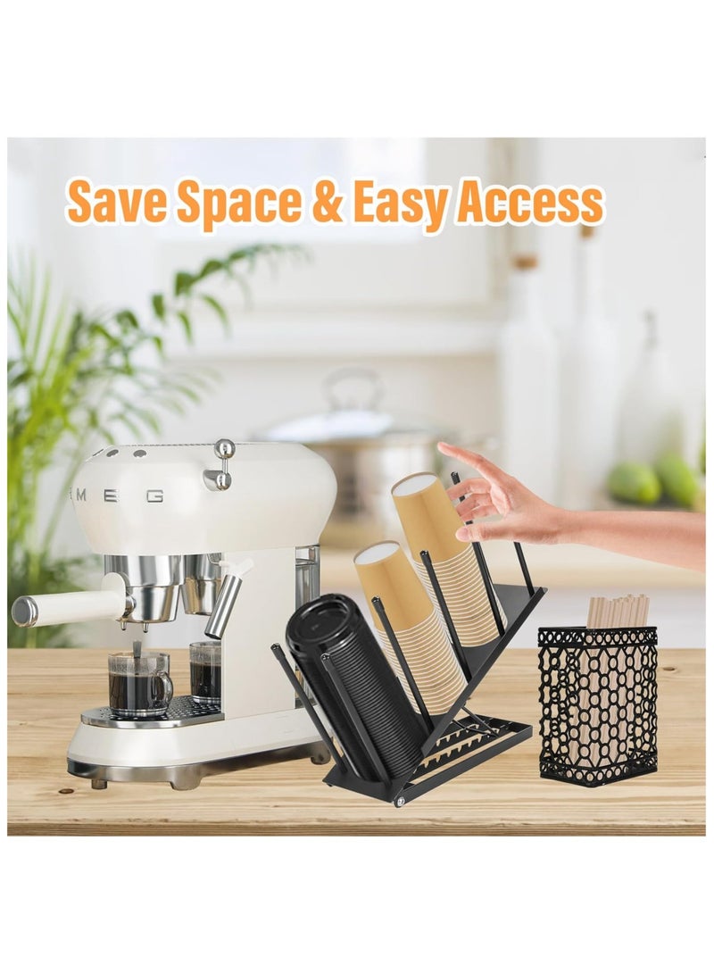 Hihonor Adjustable Coffee Cup Holder Organizer - 4 Compartment Disposable Cup Dispenser with Straw Storage Basket for Countertop Coffee Station Bar Office Breakroom, Black - Image 2
