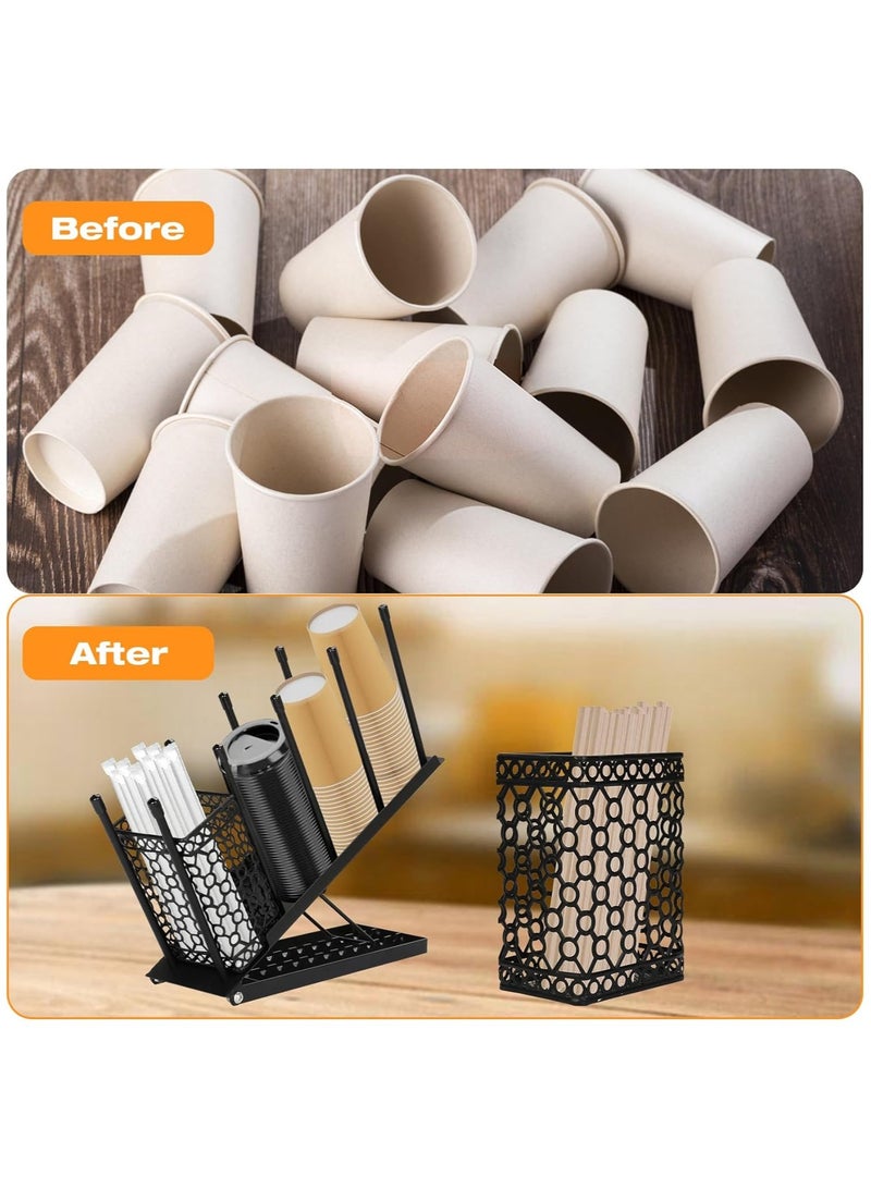 Hihonor Adjustable Coffee Cup Holder Organizer - 4 Compartment Disposable Cup Dispenser with Straw Storage Basket for Countertop Coffee Station Bar Office Breakroom, Black - Image 3
