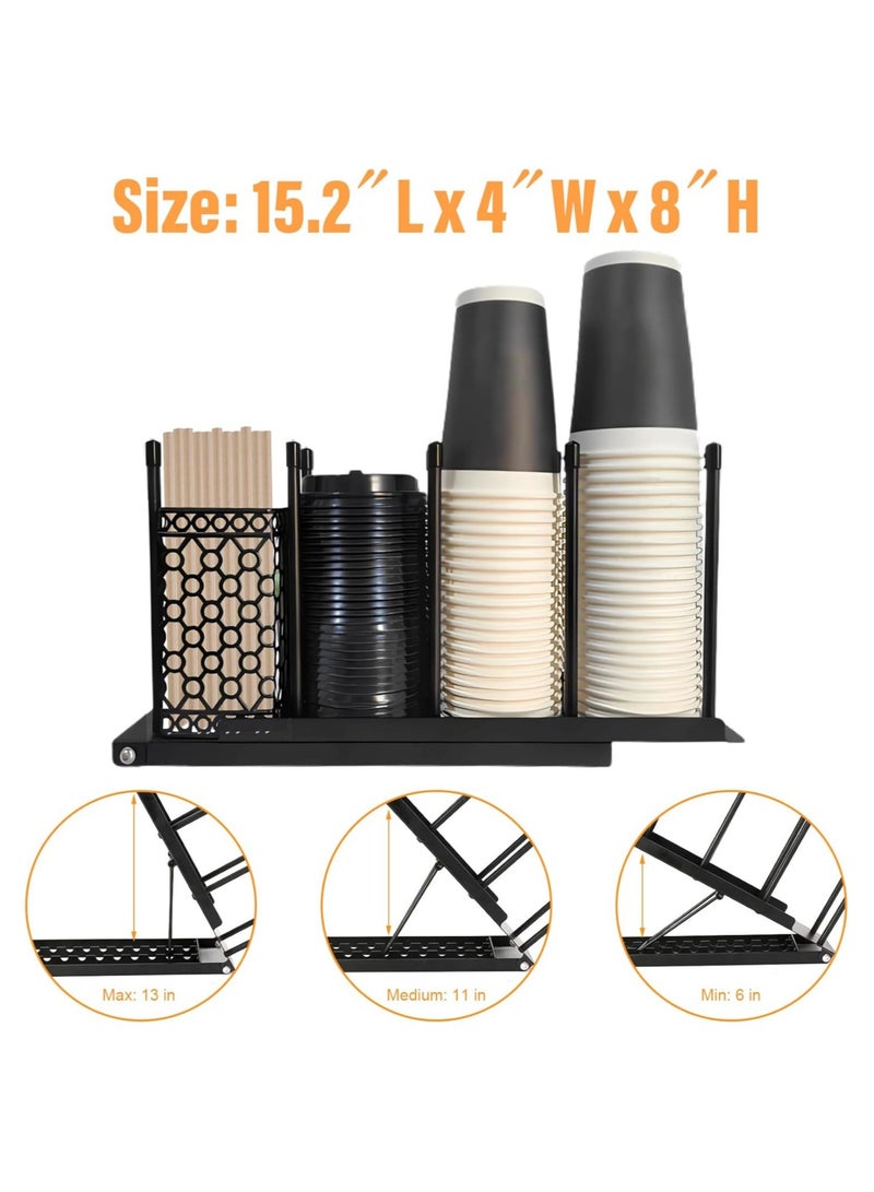 Hihonor Adjustable Coffee Cup Holder Organizer - 4 Compartment Disposable Cup Dispenser with Straw Storage Basket for Countertop Coffee Station Bar Office Breakroom, Black - Image 5