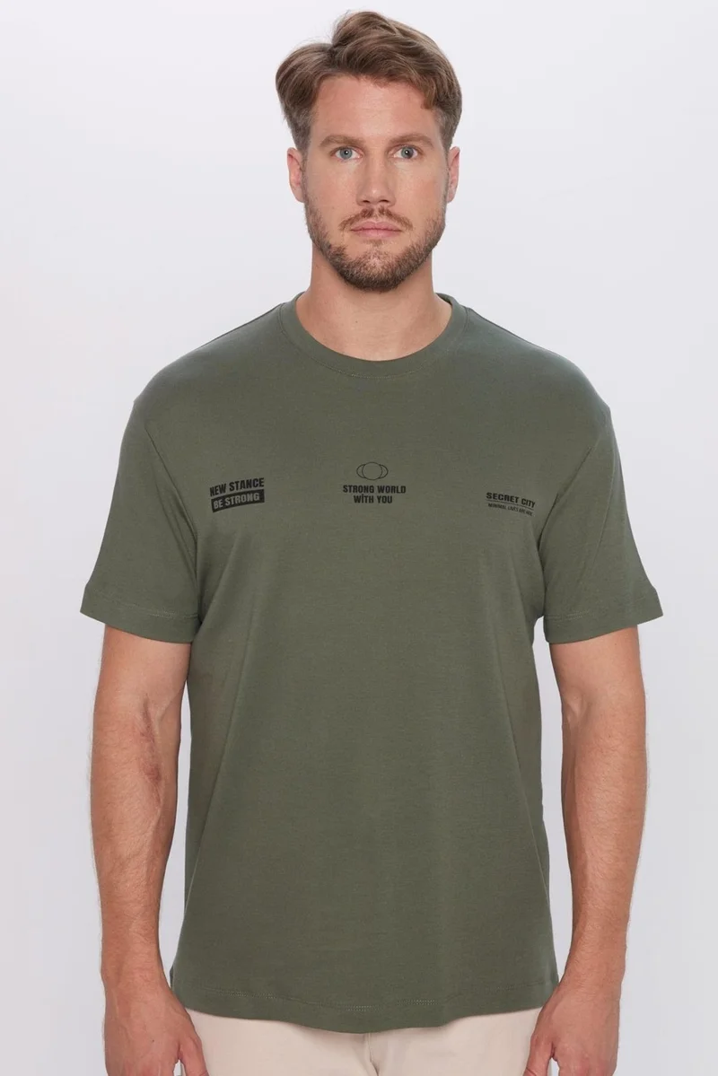 Tudors Men's Relax Fit Comfortable Cut 100% Organic Cotton Soft Texture Khaki Crew Neck T-Shirt
