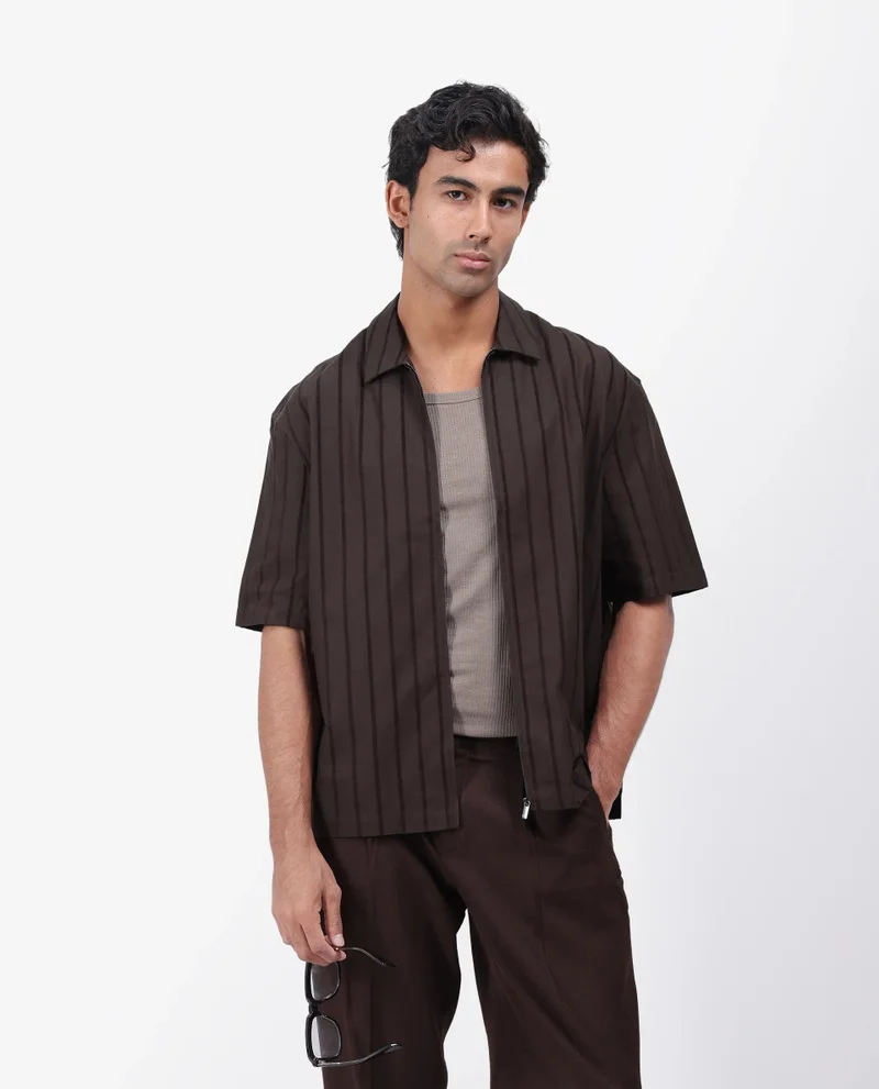 Rare Rabbit Rare Rabbit Men's Tenerz Dark Brown Cotton Fabric Half Sleeve Spread Collar Boxy Fit Striped Shirt