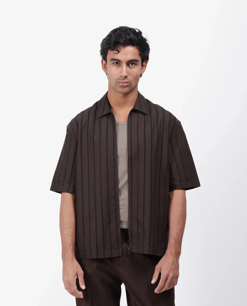 Rare Rabbit Rare Rabbit Men's Tenerz Dark Brown Cotton Fabric Half Sleeve Spread Collar Boxy Fit Striped Shirt