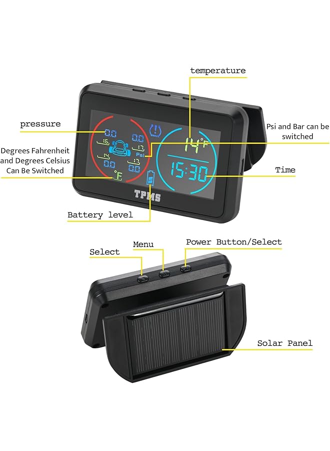 KASTWAVE Rv Tire Pressure Monitoring System, Tire Pressure Monitor System (0-145 Psi) With Solar Charge, With 4 External Sensors & Real Time Auto Alarm, Lcd Display, For Rv Suv Mpv Truck Sedan - Image 4