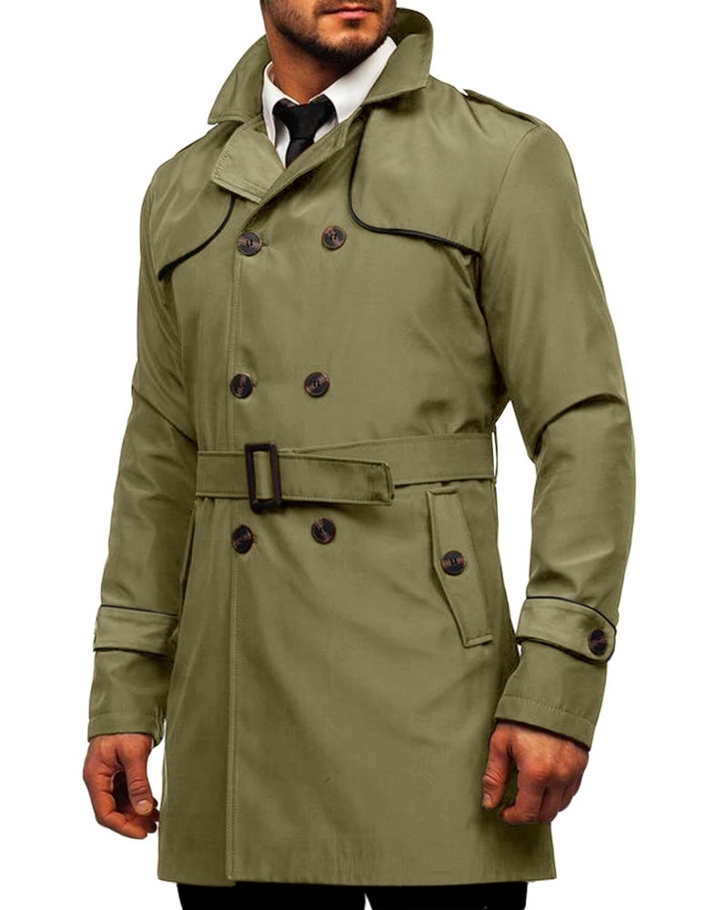 Makkrom Mens Trench Coat Slim fit Double Breasted Notched Lapel Belted Windbreaker Long Jacket Casual Windproof Overcoat